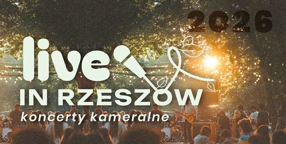 A live outdoor music concert at sunset with a crowd of people, band on stage, string lights, and text overlay that reads "live IN RZESZÓW koncerty kameralne 2026".